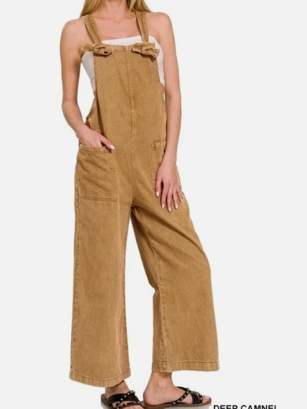 Zenana Womens Deep Camel Washed Denim Knot Strap Overalls WideLeg NEW-Size Small - Picture 2 of 12